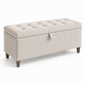 Sitzbank mit Stauraum 110 x 40 x 48 cm, beigefarbener Cordstoff, gepolsterter Klappdeckel und braune Holzfüße