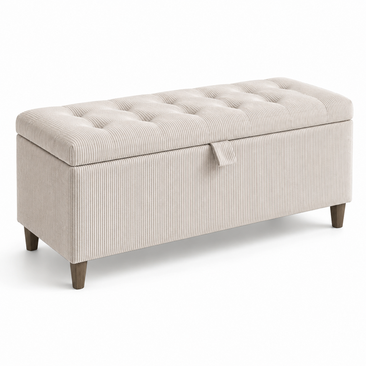 Sitzbank mit Stauraum 110 x 40 x 48 cm, beigefarbener Cordstoff, gepolsterter Klappdeckel und braune Holzfüße