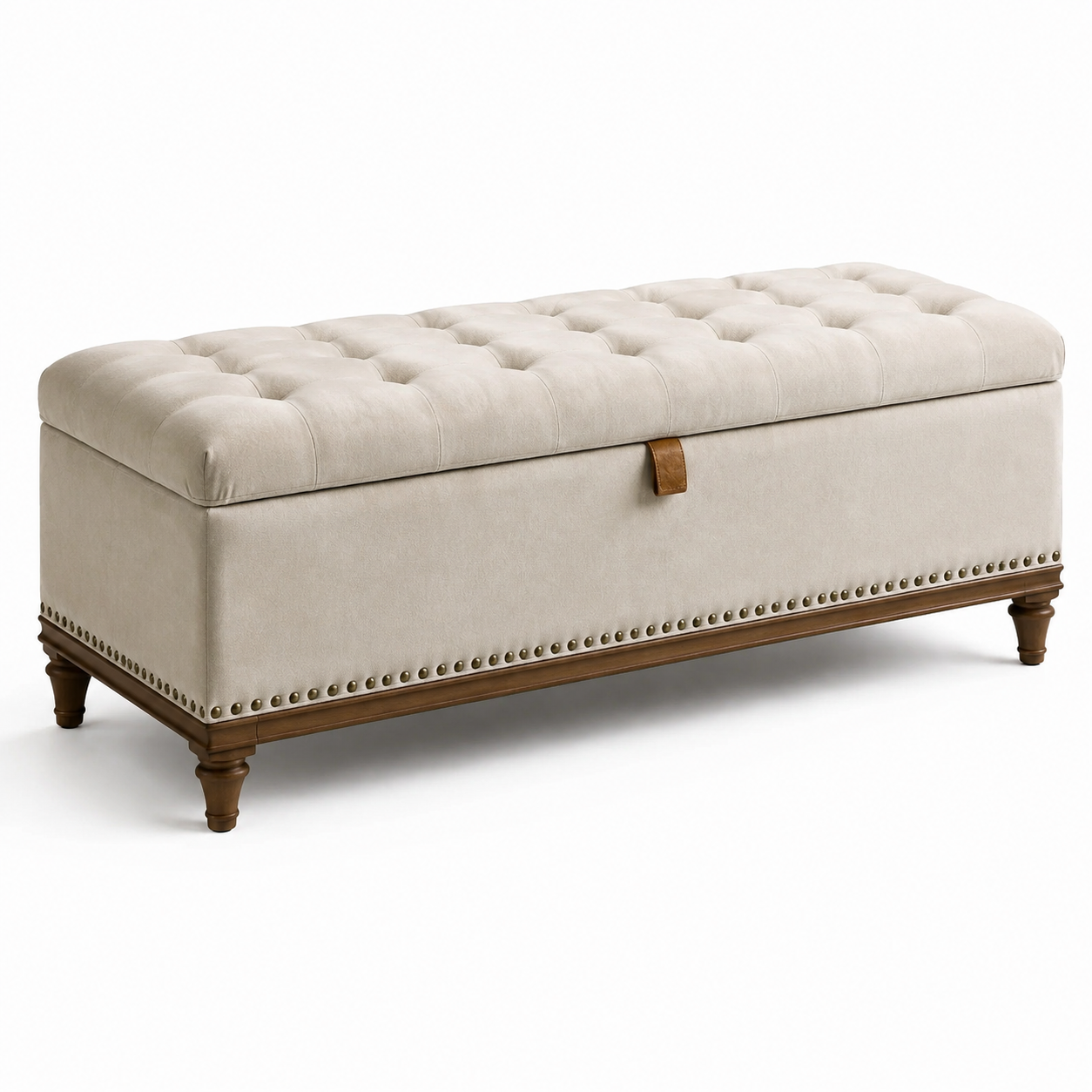 Gepolsterte Stauraumbank in Beige/Braun/Messingfarben, 120 x 45 x 48 cm, mit Knopfheftung und Holzfüßen