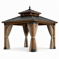 Gartenpavillon aus Holz und Metall mit festem Dach und Vorhängen, 300 x 300 x 320 cm, Braun/Anthrazit/Beige