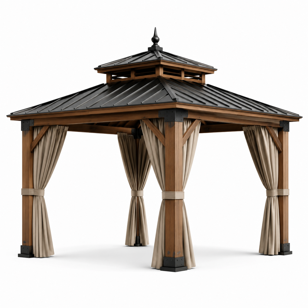 Gartenpavillon aus Holz und Metall mit festem Dach und Vorhängen, 300 x 300 x 320 cm, Braun/Anthrazit/Beige