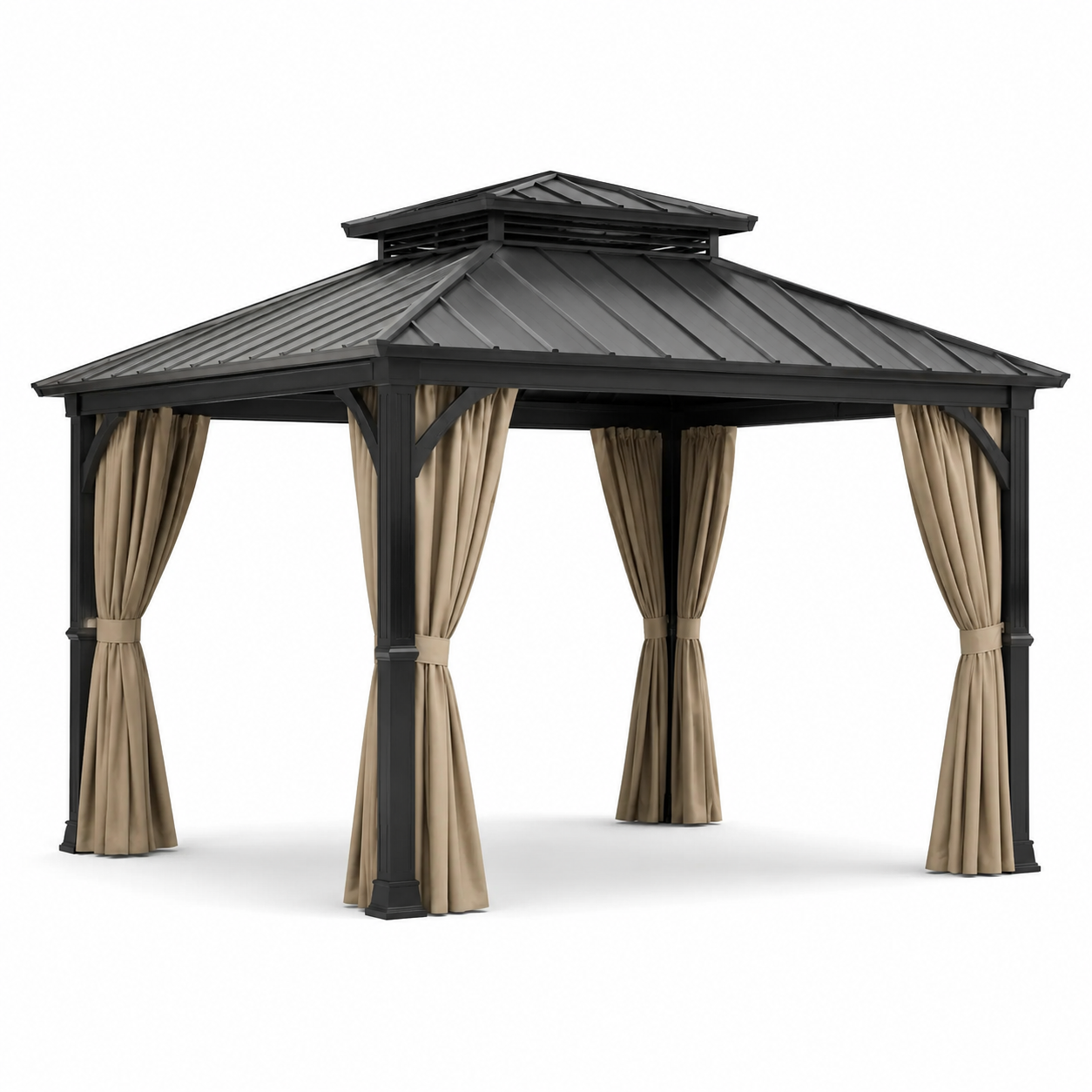 Gartenpavillon mit Metall-Festdach und Vorhängen, 400 x 300 x 295 cm, Anthrazit/Beige