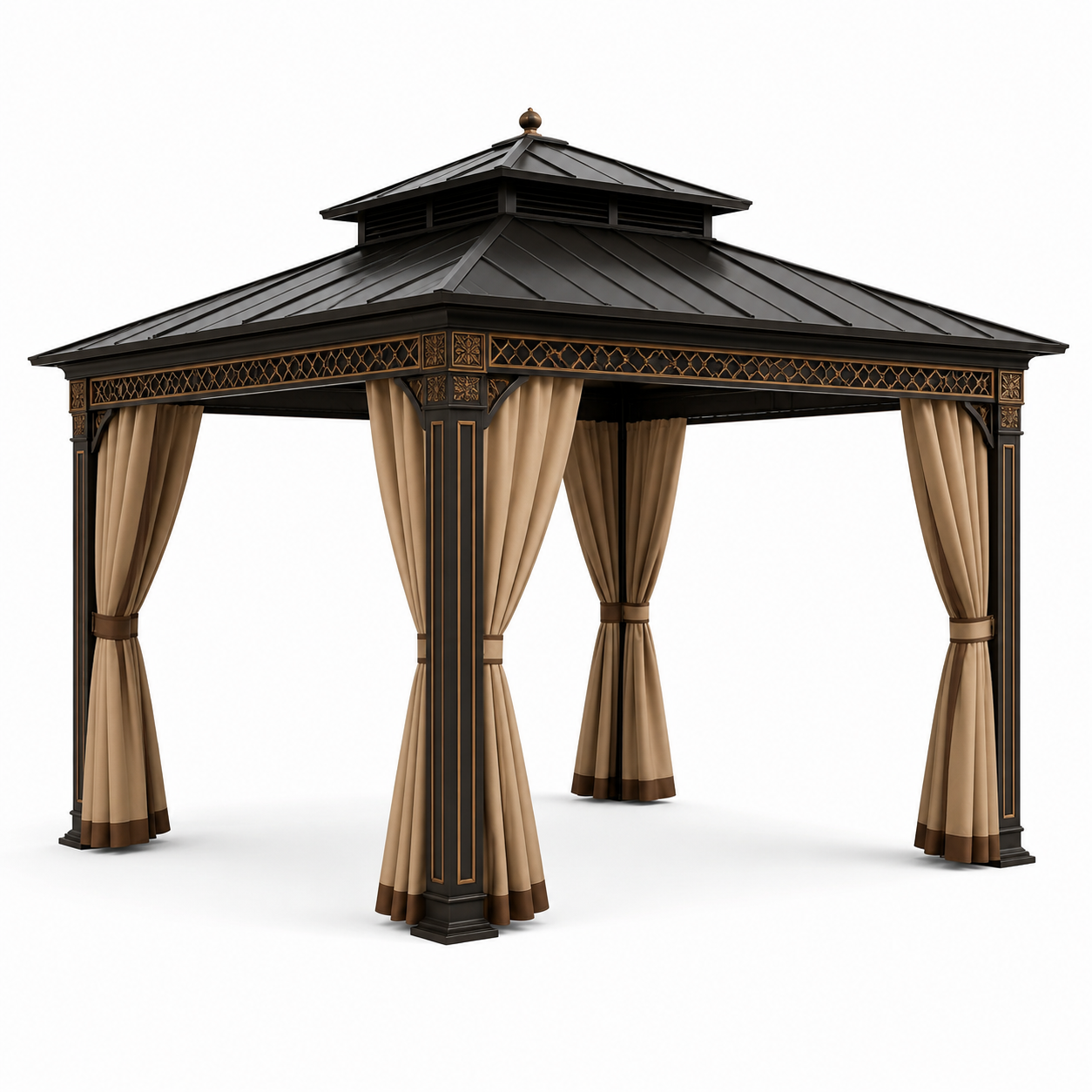 Gartenpavillon aus Metall mit Vorhängen, 300 x 300 x 300 cm, Schwarz/Bronze/Beige/Braun, klassischer Stil