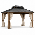 Gartenpavillon aus Holz und Metall mit festem Dach und Vorhängen, 400 x 300 x 290 cm, Braun/Anthrazit/Beige