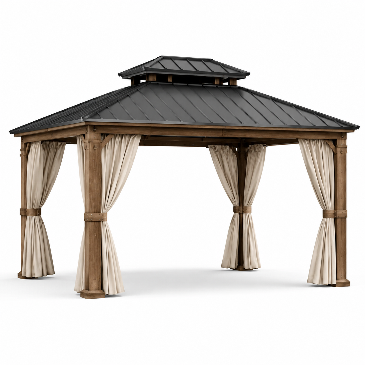 Gartenpavillon aus Holz und Metall mit festem Dach und Vorhängen, 400 x 300 x 290 cm, Braun/Anthrazit/Beige