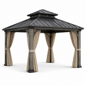 Gartenpavillon mit Hartdach und Vorhängen, 365 x 300 x 300 cm, Anthrazit/Grau/Beige
