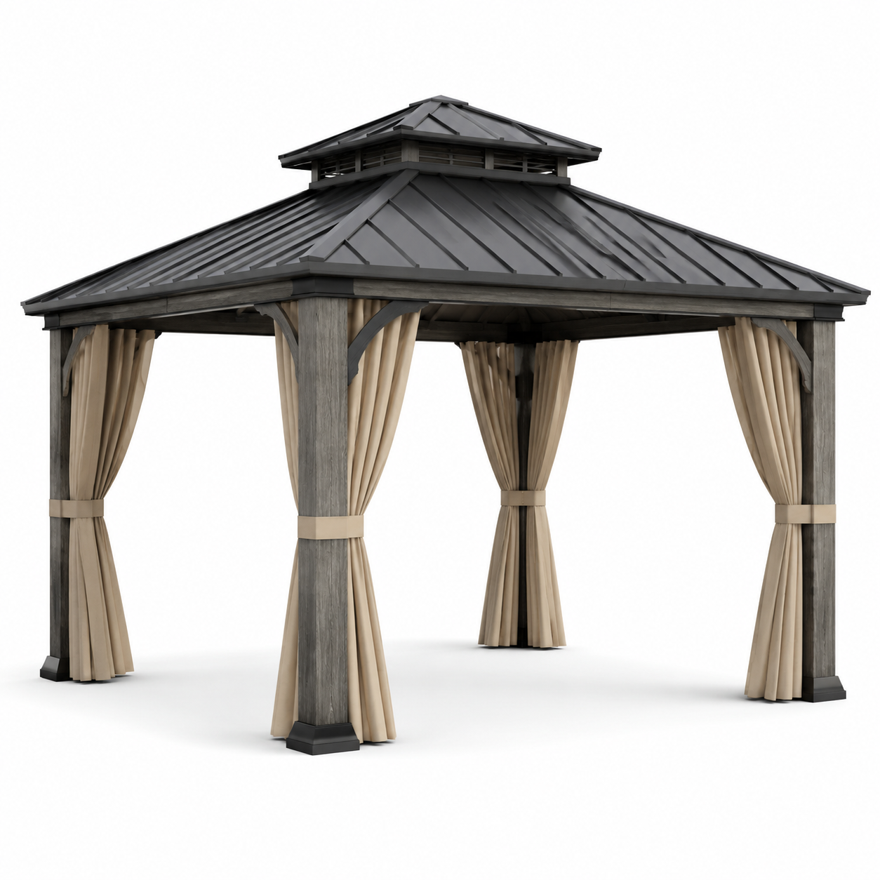 Gartenpavillon mit Hartdach und Vorhängen, 365 x 300 x 300 cm, Anthrazit/Grau/Beige