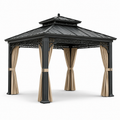Gartenpavillon aus Metall mit festem Dach und Vorhängen, 400 x 300 x 290 cm, Anthrazit/Beige
