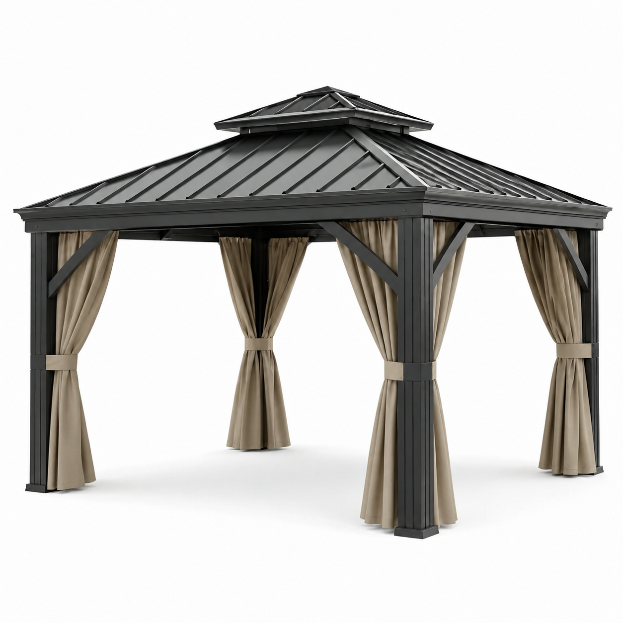 Gartenpavillon mit Hartdach und Vorhängen, 300 x 400 x 290 cm, Anthrazit/Beige