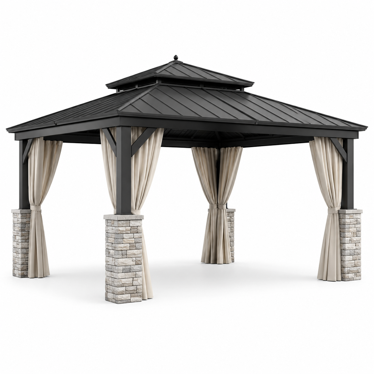 Gartenpavillon aus Aluminium mit Hardtop und Vorhängen, 400 x 300 x 300 cm, Anthrazit/Beige/Grau