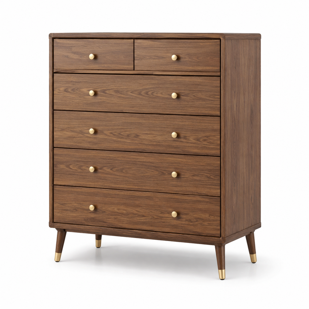 Hohe Kommode mit 6 Schubladen, Braun/Gold, 90 x 45 x 120 cm, Mid-Century-Stil