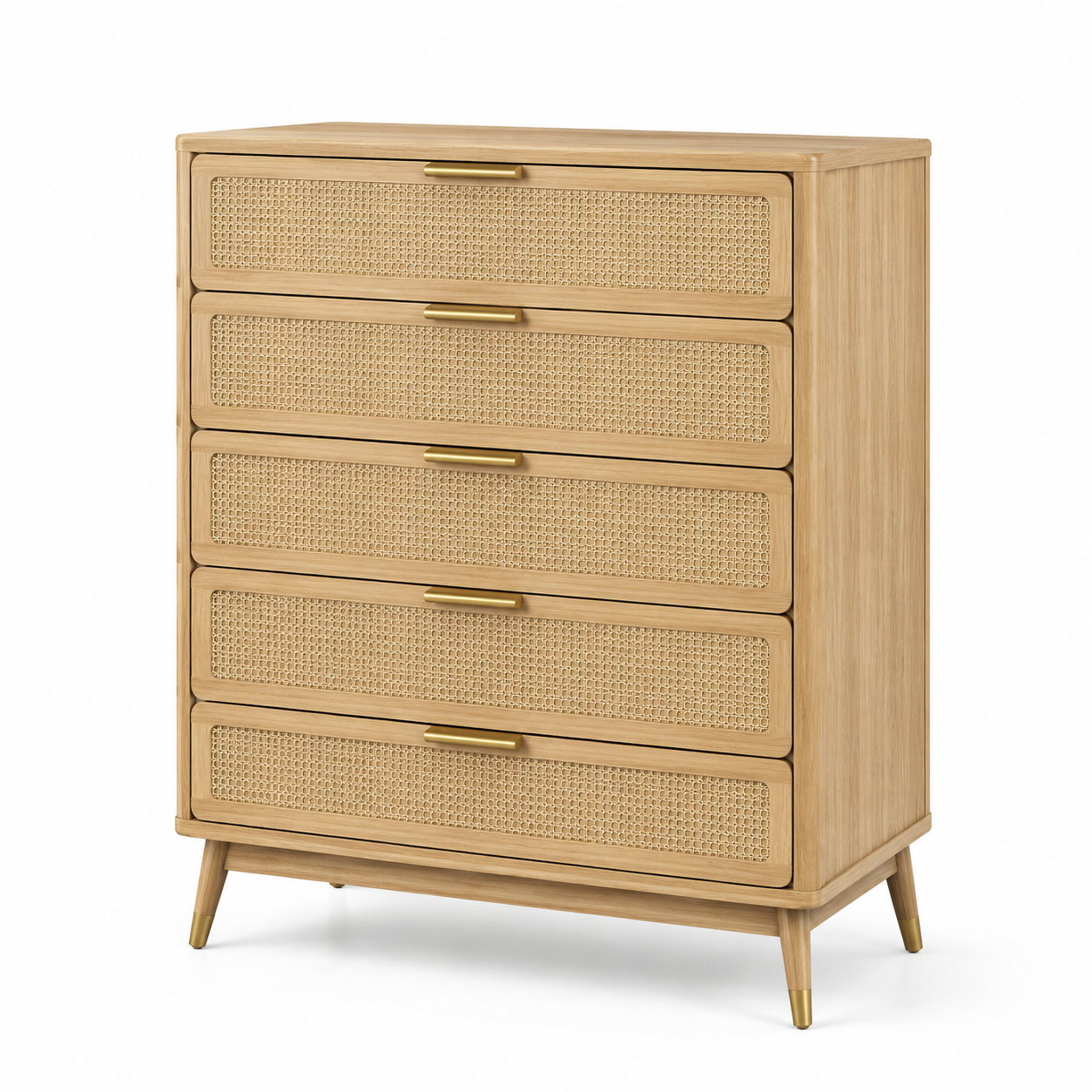 Kommode mit 5 Schubladen und Rattangeflecht, 90 x 40 x 110 cm, Natur/Gold, Retro-Stil