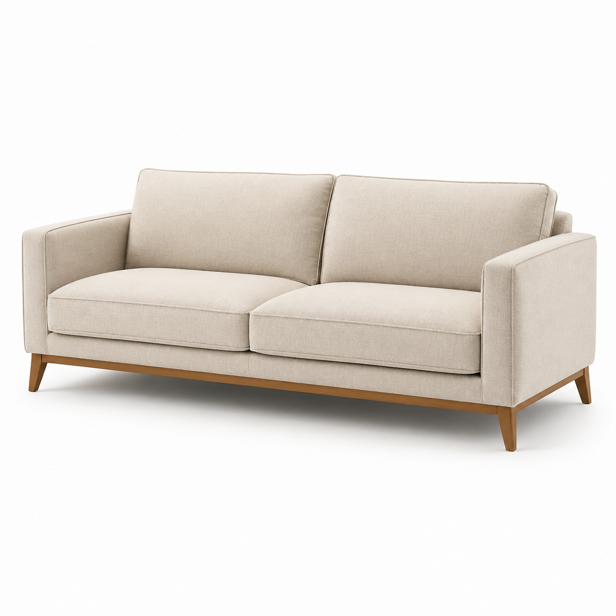 Beiges 3-Sitzer-Sofa mit braunen Holzfüßen, skandinavischer Stil, 210 x 86 x 84 cm