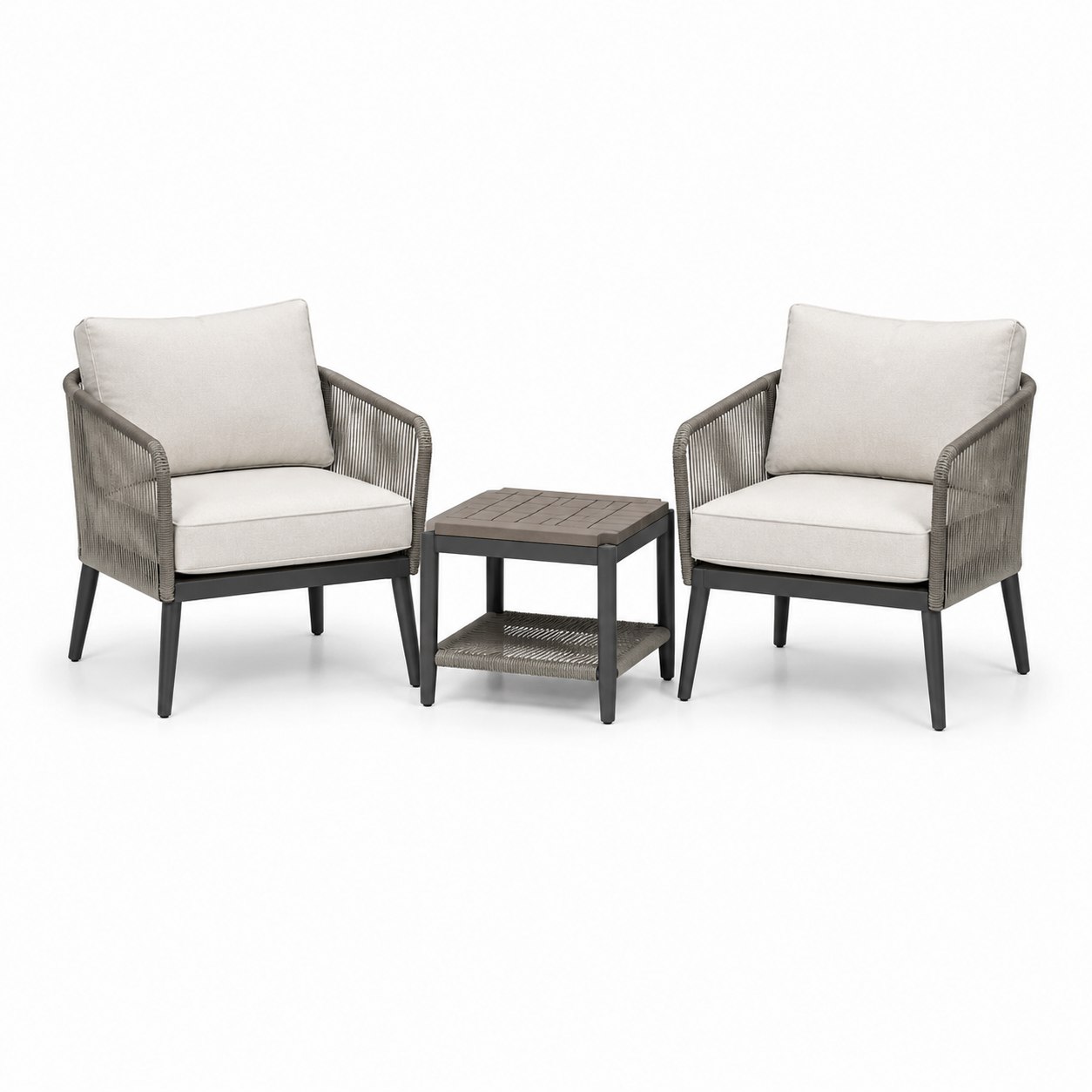3-teiliges Gartenmöbel-Set mit 2 Sesseln 72 x 76 x 82 cm und Beistelltisch 46 x 46 x 51 cm, Grau/Beige/Schwarz