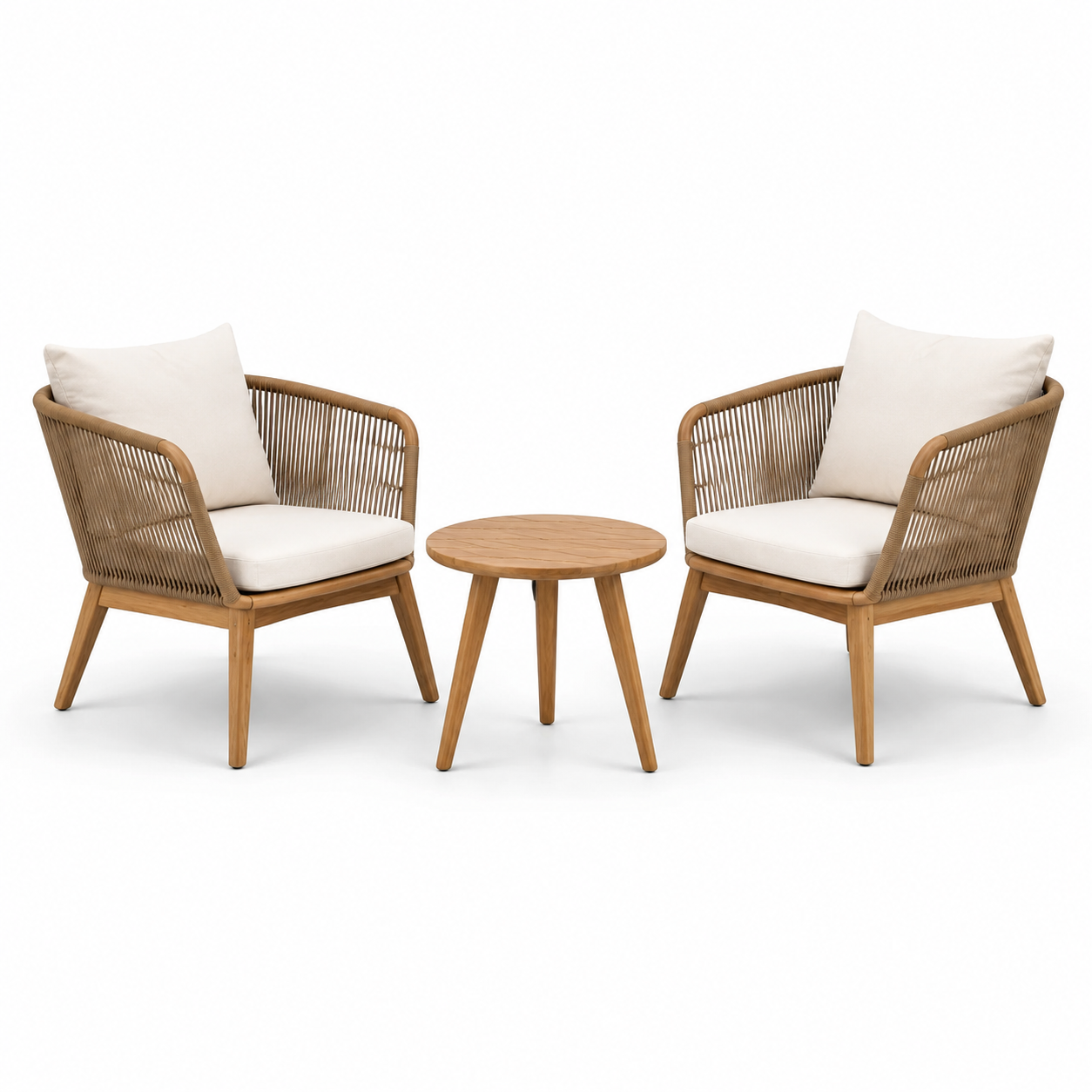3-teilige Sitzgruppe mit 2 Sesseln 78 x 76 x 80 cm und rundem Tisch Ø 60 x 45 cm, Naturbraun/Cremeweiß