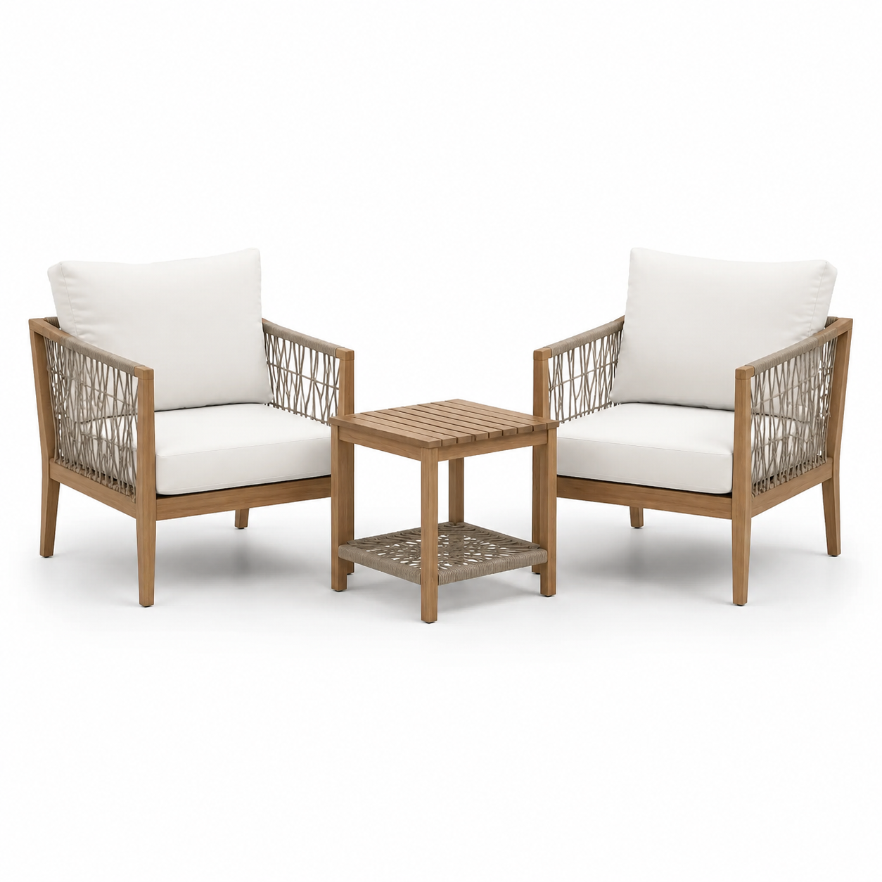 3-teiliges Gartenmöbel-Set mit 2 Sesseln 70 x 76 x 80 cm und Beistelltisch 50 x 50 x 50 cm, Holz und Seilgeflecht, Naturbraun/Beige/Weiß