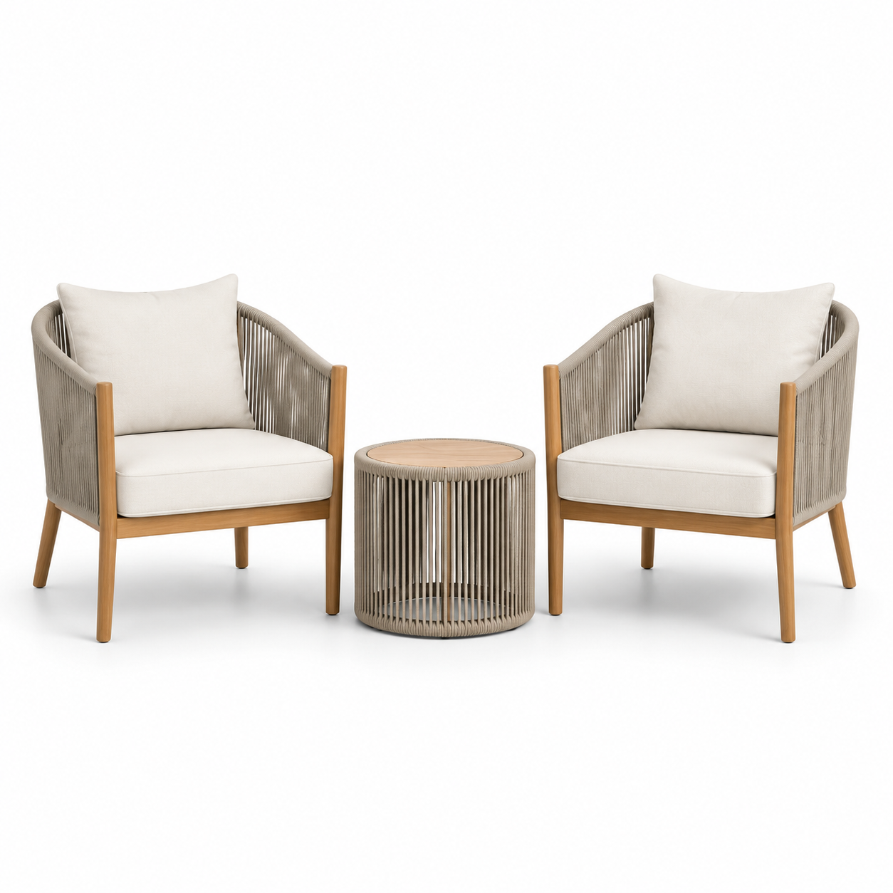 3-teiliges Gartenmöbel-Set mit 2 Sesseln 74 x 76 x 79 cm und Beistelltisch Ø 48 x 48 cm, Beige/Greige/Naturbraun