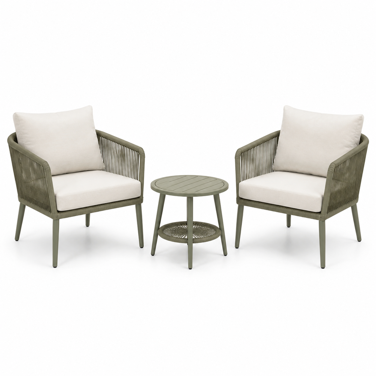 3-teiliges Gartenmöbel-Set mit 2 Sesseln 70 x 73 x 82 cm und Beistelltisch Ø 50 x 50 cm, Olivgrün/Cremeweiß