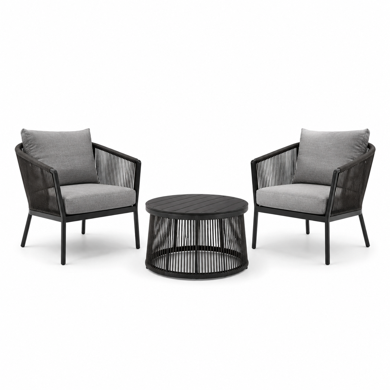 3-teiliges Gartenmöbel-Set Schwarz/Grau – 2 Sessel je 68 x 72 x 80 cm und Tisch Ø 70 x 40 cm