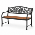 Gartenbank aus Metall und Holz, 126 x 60 x 88 cm, Schwarz/Braun, florales Design mit Armlehnen