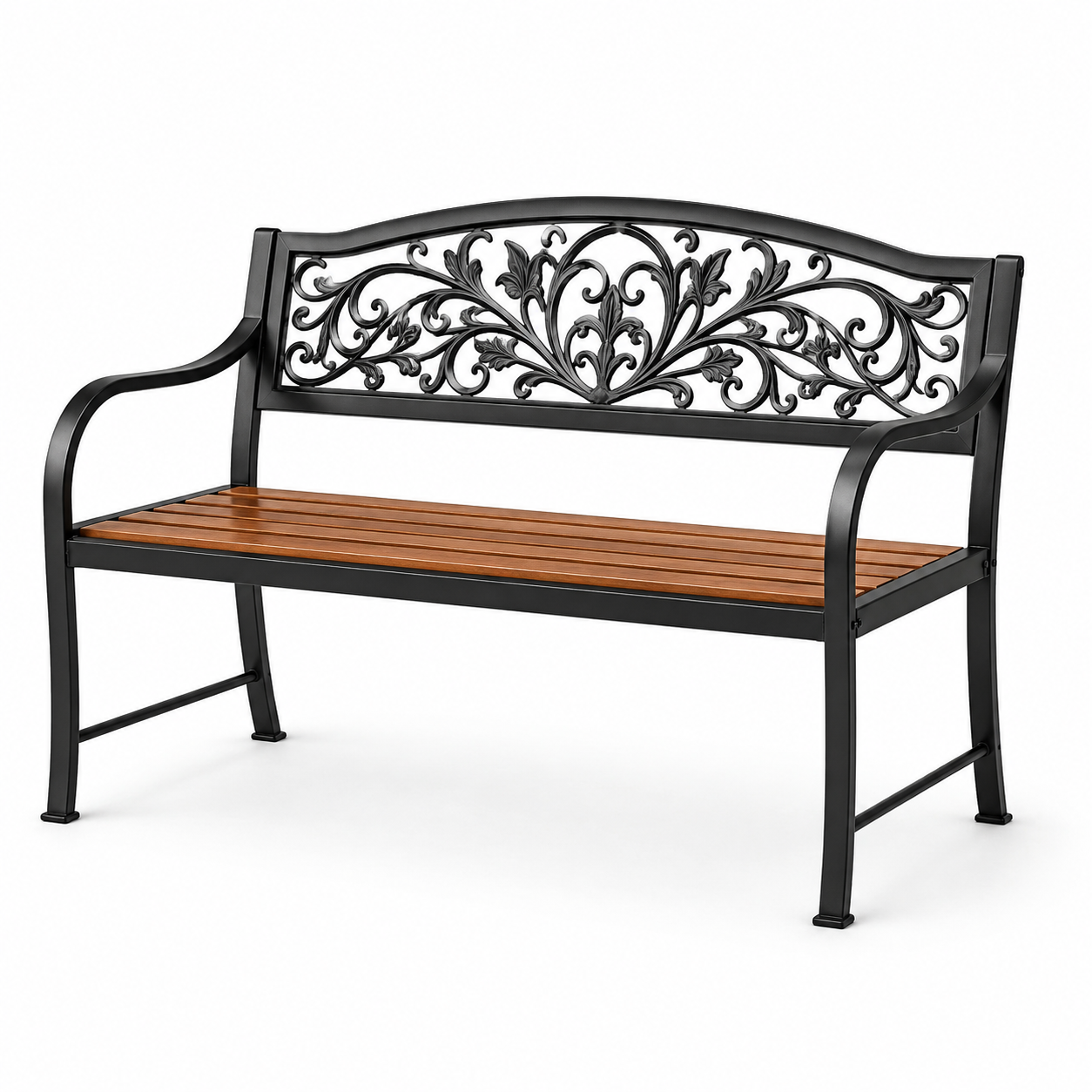 Gartenbank aus Metall und Holz, 126 x 60 x 88 cm, Schwarz/Braun, florales Design mit Armlehnen