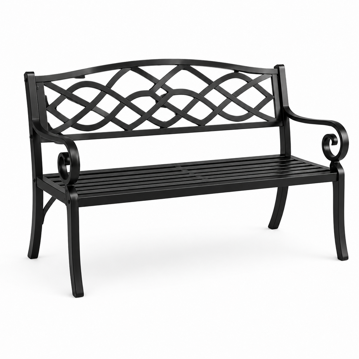 Gartenbank aus Metall für 2 Personen mit Zierornamenten, Schwarz, 127 x 60 x 85 cm