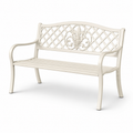 Cremeweiße Gartenbank aus Metall, 127 x 60 x 86 cm, Zweisitzer mit Armlehnen und floralem Ornament