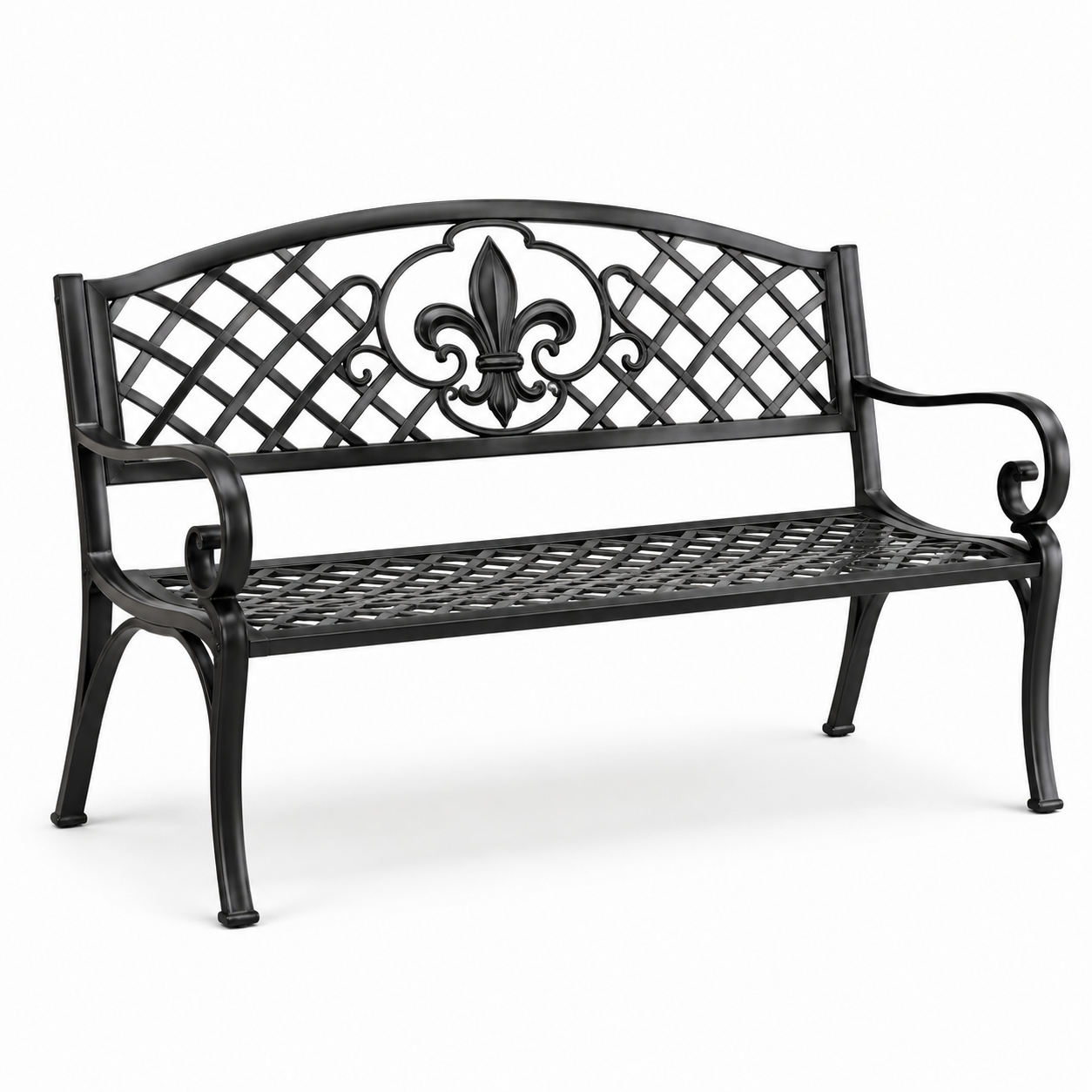 Schwarze Gartenbank aus Metall für 2 Personen, 127 x 60 x 85 cm, mit Gittermuster und Zierornament