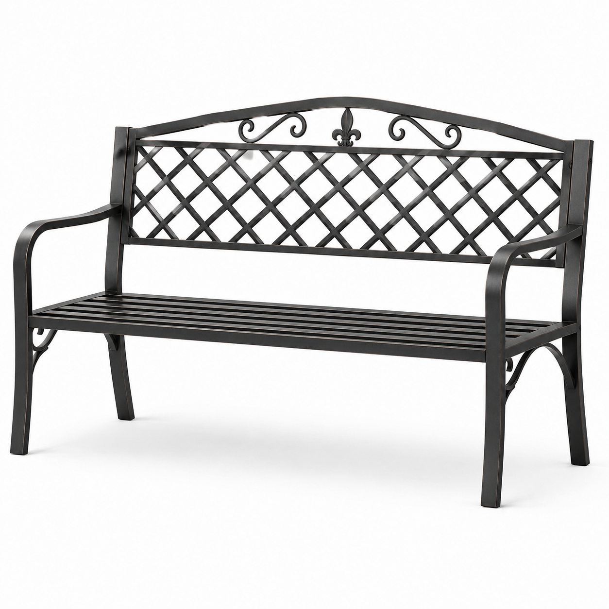 Schwarze Metall-Gartenbank für 2 Personen, 127 x 60 x 87 cm, mit Gitterrückenlehne und Armlehnen