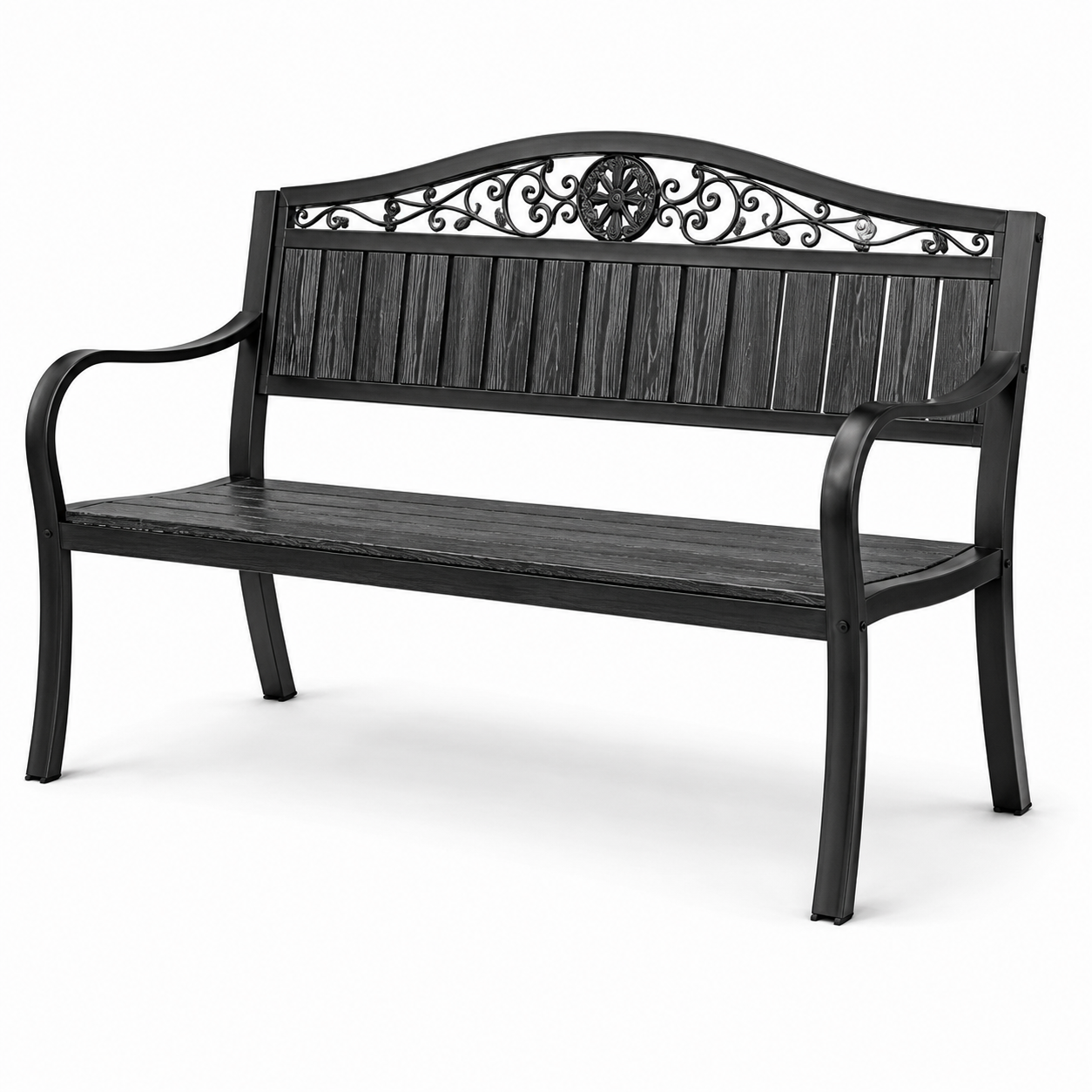 Gartenbank für 2 Personen, 127 x 60 x 85 cm, Metall und Kunststoff in Holzoptik, mit Armlehnen, Schwarz