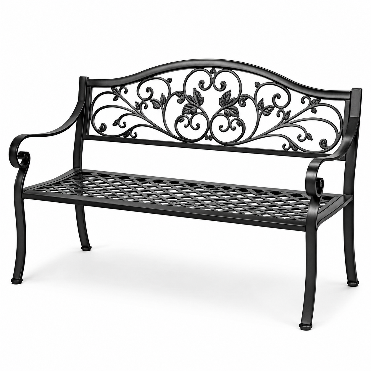 Metall-Gartenbank mit Armlehnen und floralen Ornamenten, Schwarz, 127 x 60 x 86 cm