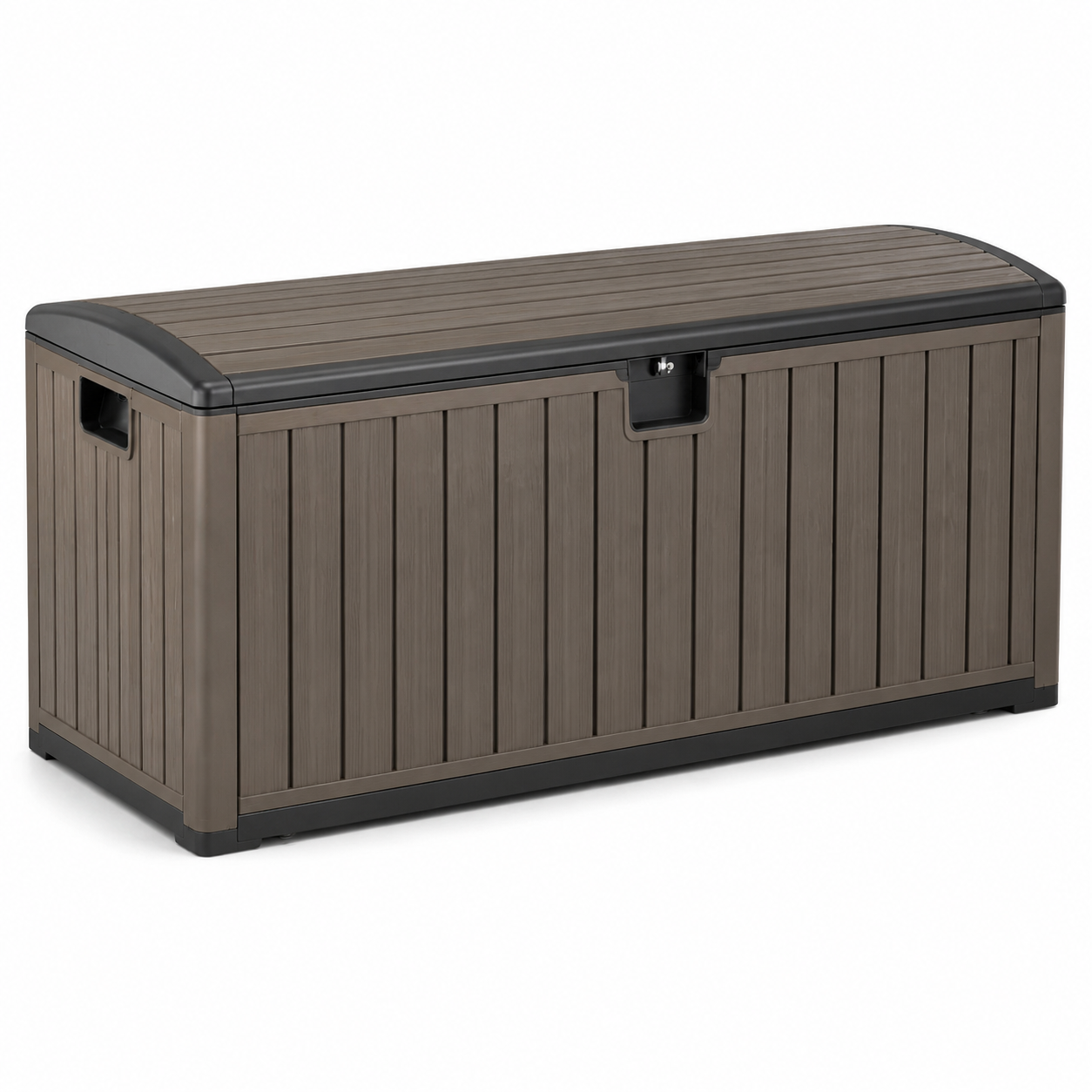 Abschließbare Garten-Aufbewahrungsbox aus Kunststoff in Holzoptik, 155 x 72 x 64 cm, Braun/Anthrazit