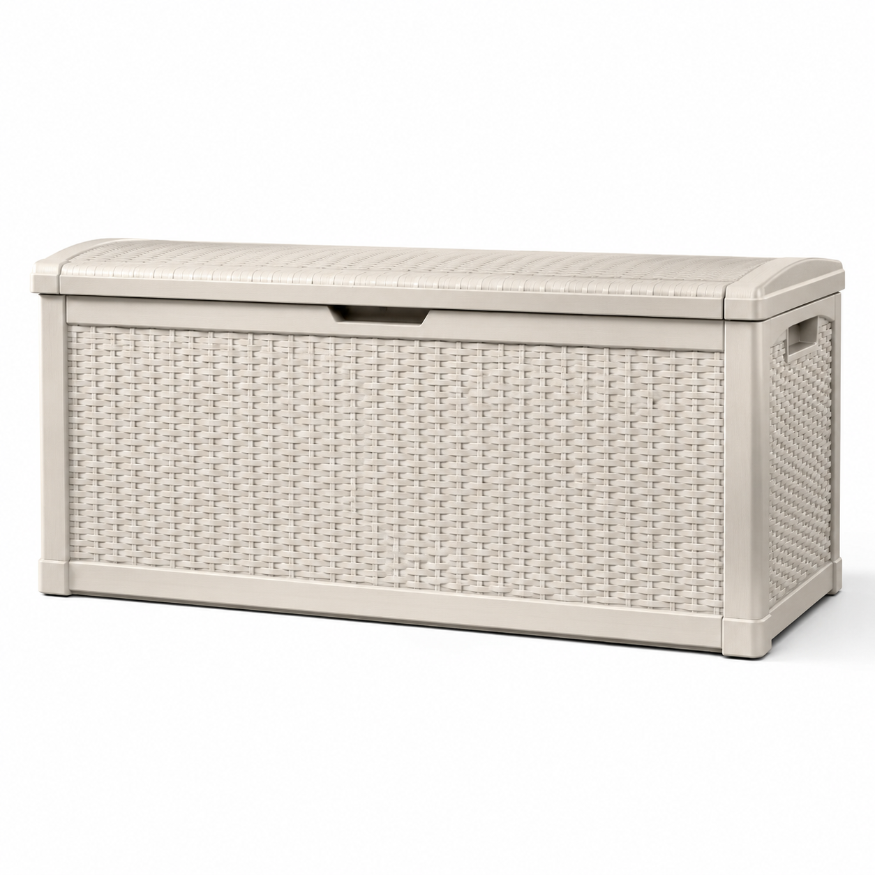 Garten-Aufbewahrungstruhe in Cremeweiß, 120 x 54 x 57 cm, Kunststoff in Rattanoptik mit Sitzfläche