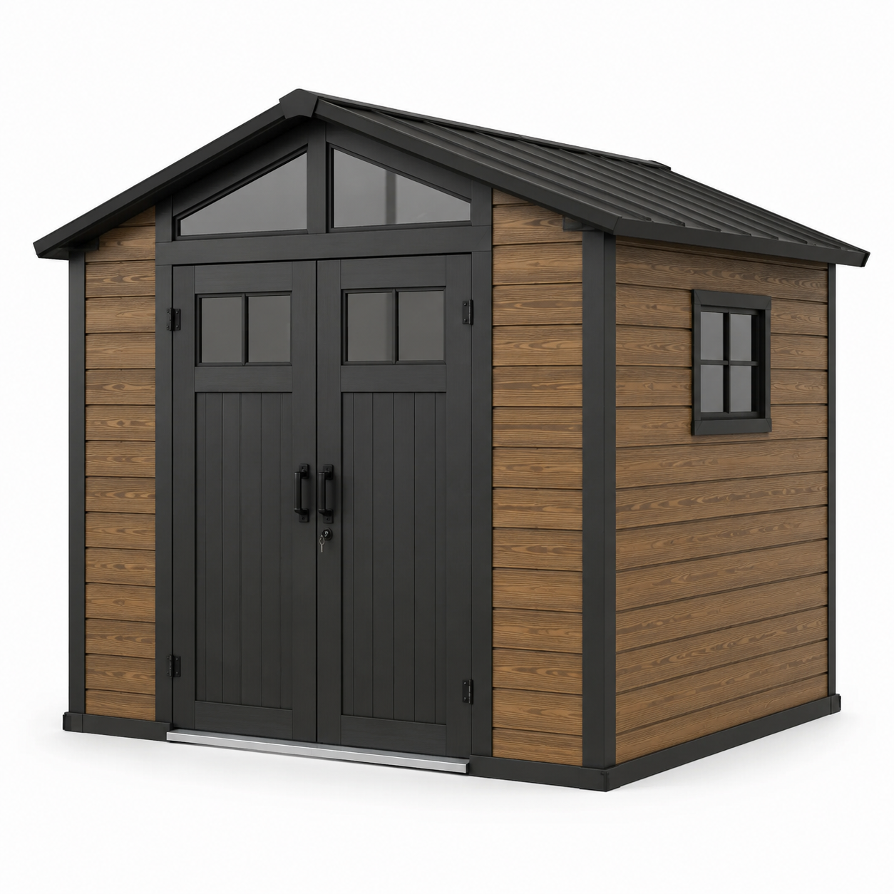 Garten-Gerätehaus aus Kunststoff und Metall, 200 x 150 x 220 cm, Braun/Anthrazit/Schwarz, mit Doppeltür und Fenstern