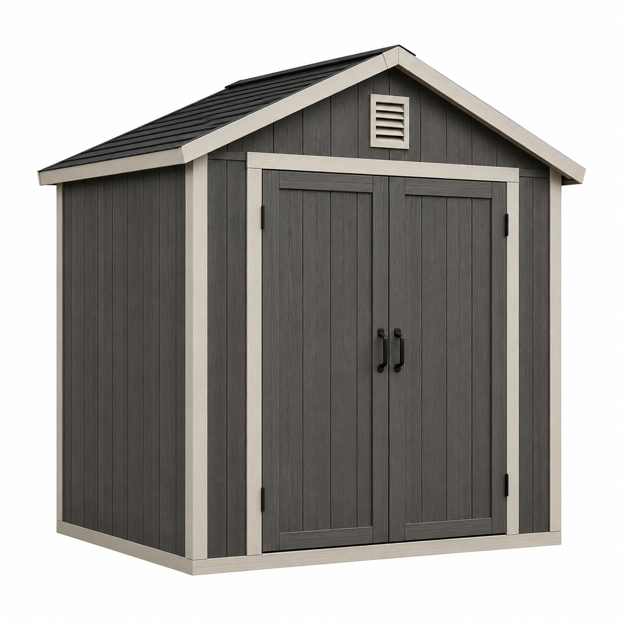 Gartenhaus aus Kunststoff mit Doppeltür und Satteldach, 190 x 122 x 210 cm, Grau/Beige/Schwarz