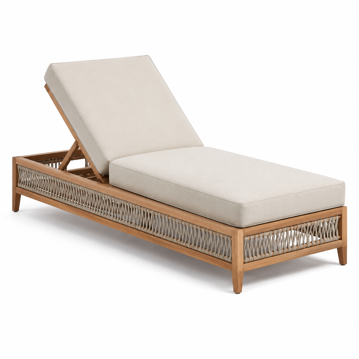 Gartenliege aus Holz mit Seilgeflecht und verstellbarer Rückenlehne, Beige/Braun/Grau, 200 x 75 x 90 cm