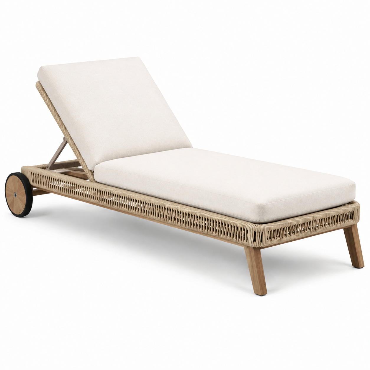 Gartenliege aus Holz und Seilgeflecht in Beige, Creme und Natur, 200 x 75 x 95 cm, mit verstellbarer Rückenlehne und Rollen