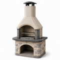 Grillkamin aus mineralischem Werkstoff mit Grillrost und Rauchabzug, Beige/Grau/Schwarz, 110 x 65 x 220 cm