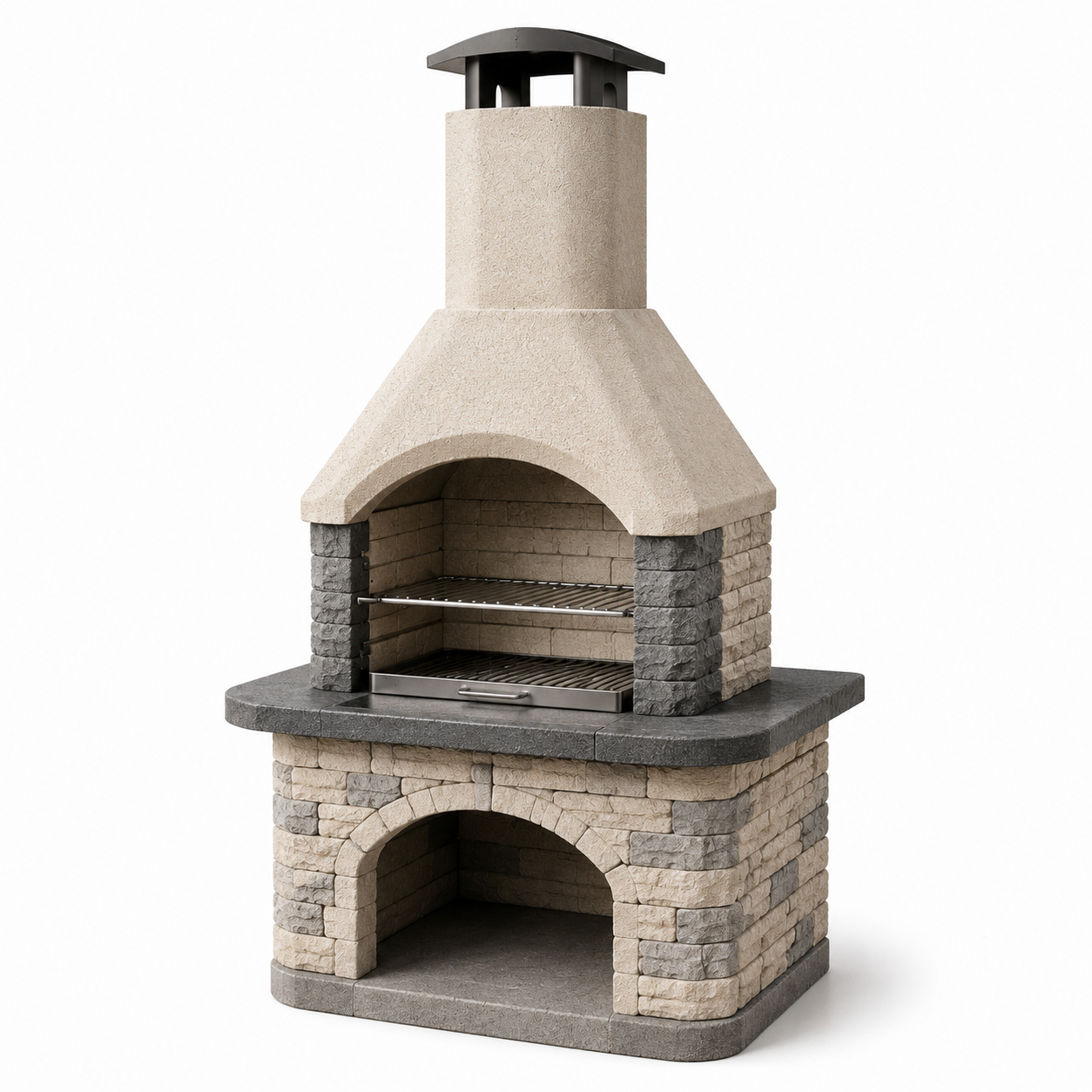 Grillkamin aus mineralischem Werkstoff mit Grillrost und Rauchabzug, Beige/Grau/Schwarz, 110 x 65 x 220 cm