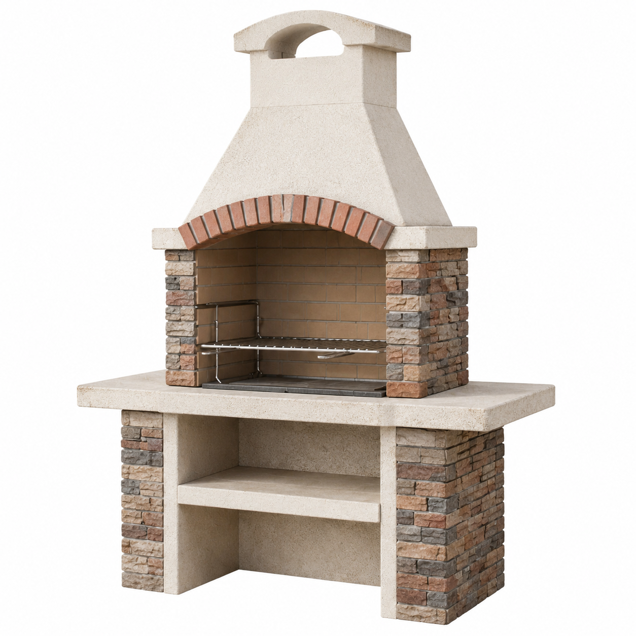 Gartenkamin aus Beton mit Edelstahl-Grillrost und Ablagefächern, Beige/Braun/Grau/Silber, 160 x 80 x 230 cm