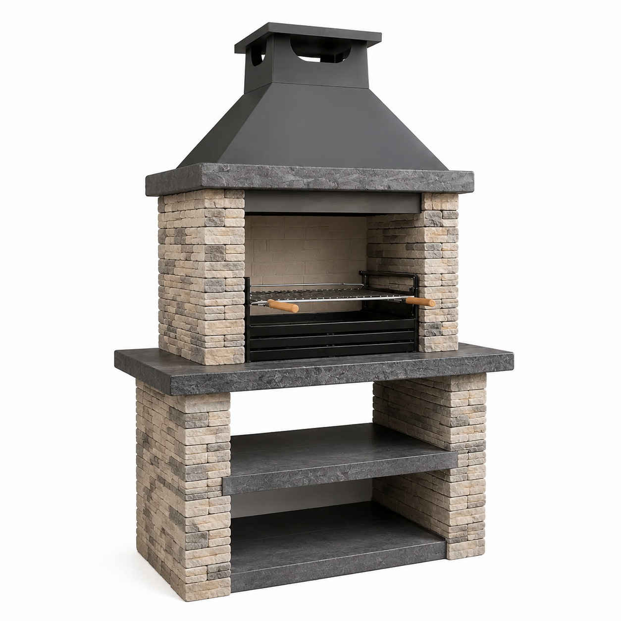 Grillkamin aus Steinverbund und Stahl mit Grillrost und Ablageflächen, Anthrazit/Beige/Grau, 110 x 65 x 210 cm
