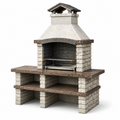 Stationärer Gartengrill mit Kamin und Ablageflächen, 200 x 75 x 230 cm, Betonwerkstein und Edelstahl, Weiß/Braun/Anthrazit/Silber