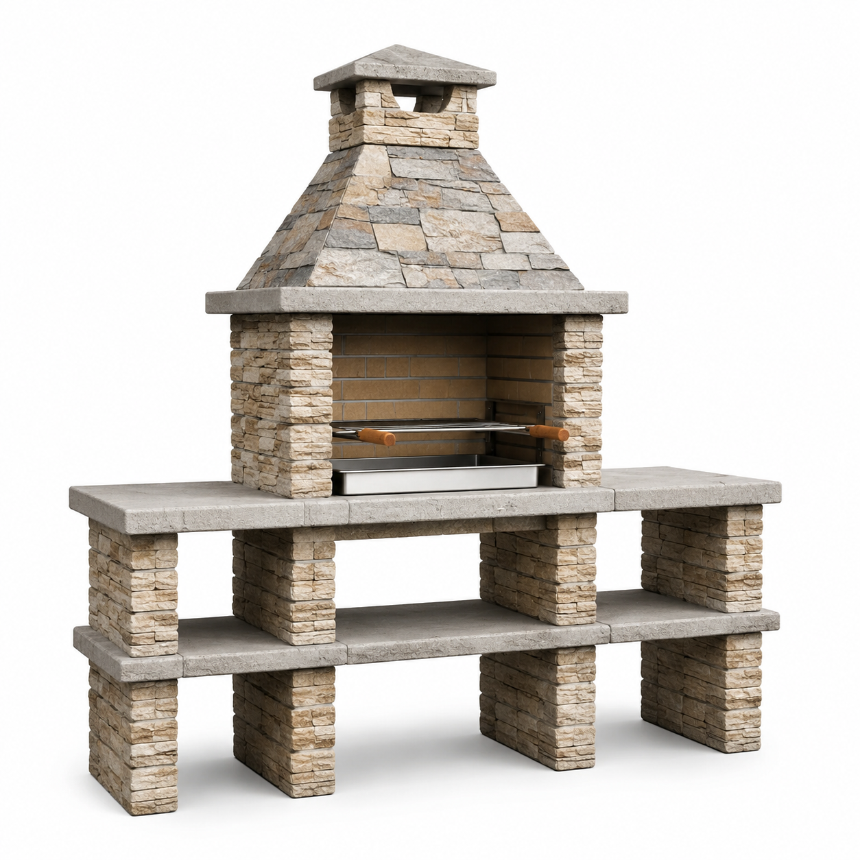 Grillkamin aus Naturstein und Beton, 220 x 80 x 230 cm, Beige/Grau/Silber/Braun, mit Ablageflächen