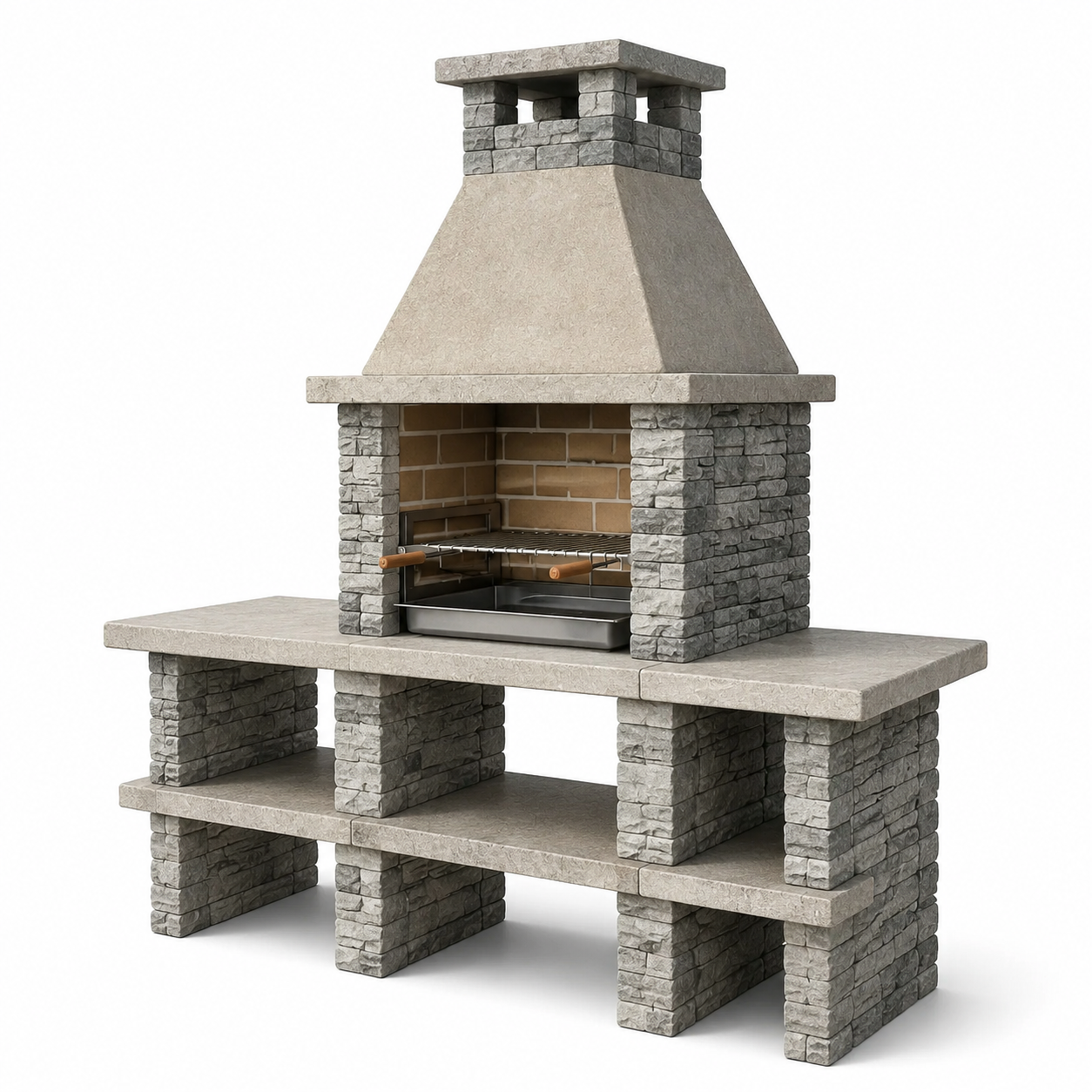 Gartengrill aus Betonwerkstein in Grau und Beige, 200 x 70 x 240 cm, mit Grillkamin und Ablageflächen