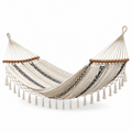 Baumwoll-Hängematte mit Holzspreizstäben, 200 x 150 x 3 cm, Creme/Schwarz/Braun, Boho-Stil