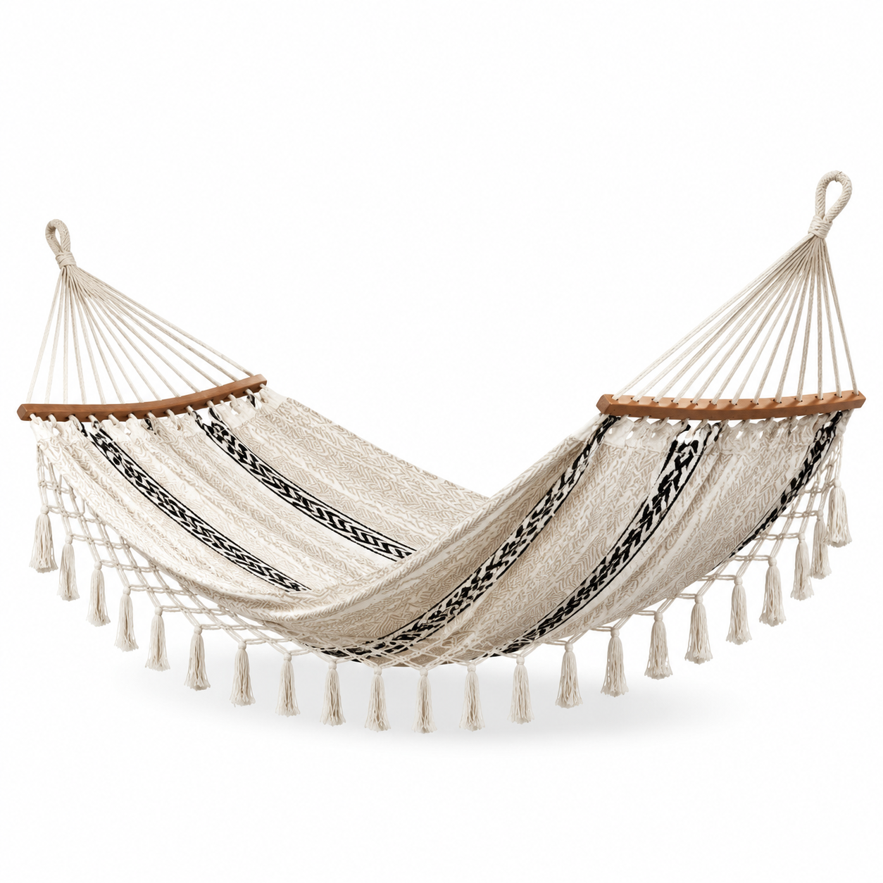 Baumwoll-Hängematte mit Holzspreizstäben, 200 x 150 x 3 cm, Creme/Schwarz/Braun, Boho-Stil